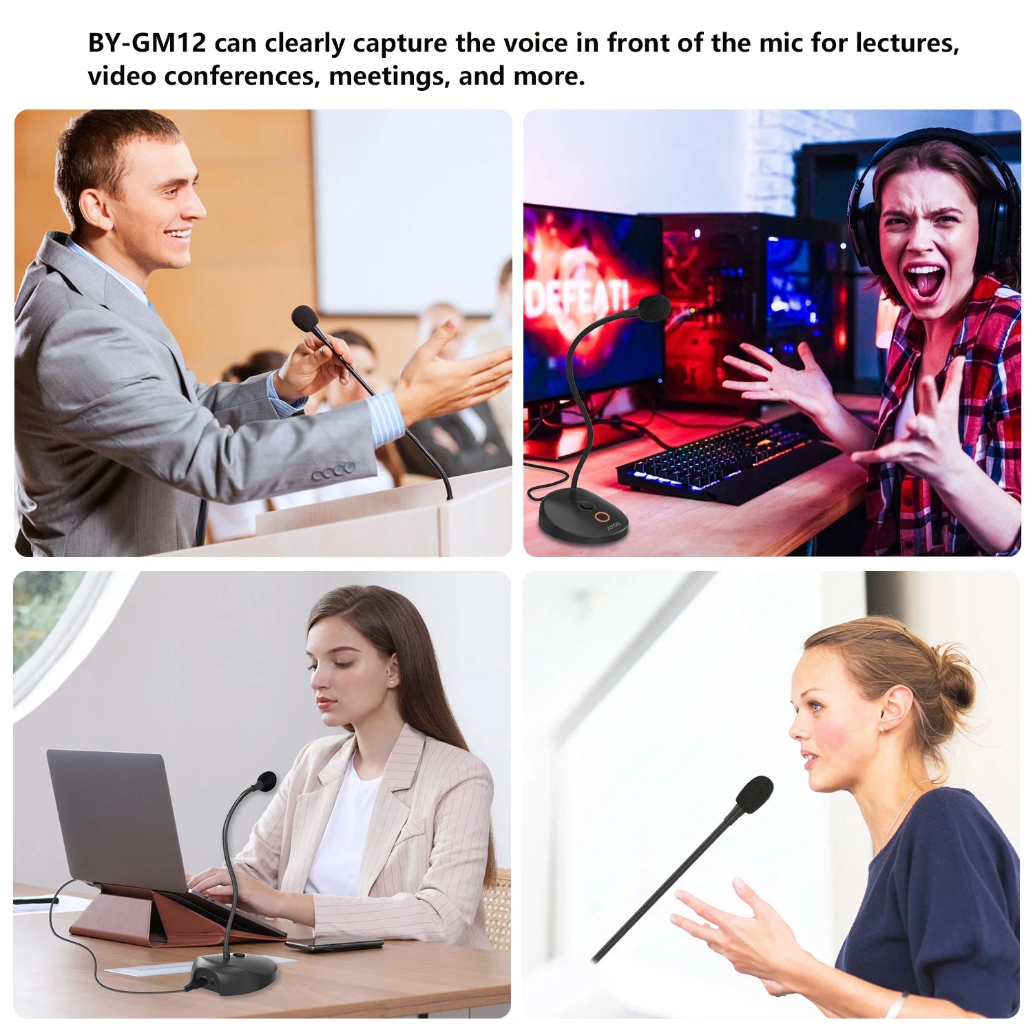 BY-GM12 Desktop Gooseneck Computer Microphone with Base LED Indicator for Meetings Video Conferences Streaming Lectures