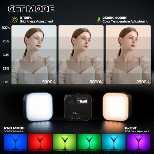 U60 Mini Pocket LED Video Lamp – RGB 2500-9000K Rechargeable Photography Light with LCD Screen & Cold Shoe Mount