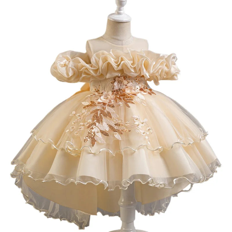 Luxury Off-Shoulder Gown with Train for Girls  Tulle Dress for Fashion Walk Show & Pageants