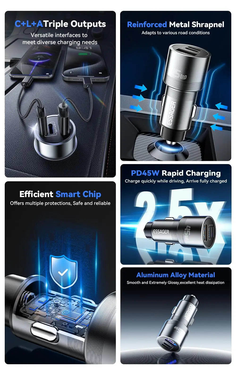 45W USB C Car Charger 3 Port PD 3.0 QC 3.0 PPS Fast Charging with Lightning iP Port