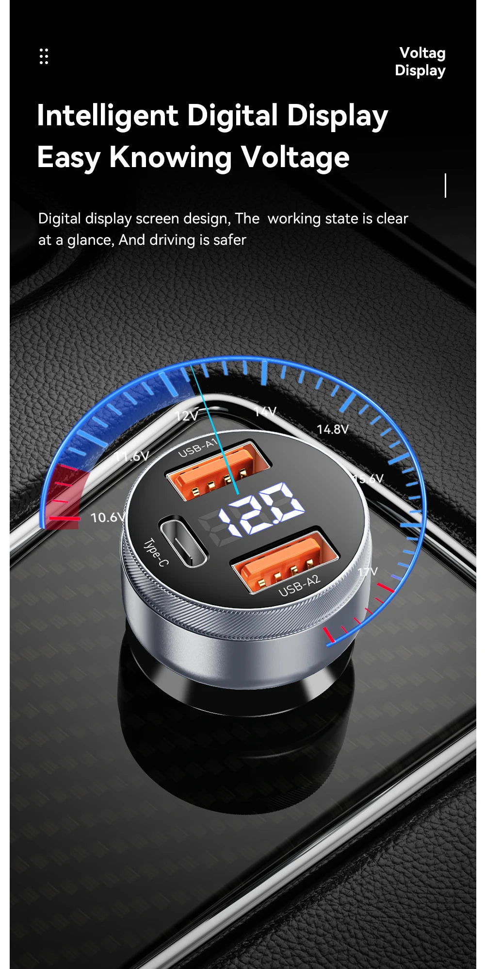 80W USB C Car Charger PD 3.0 QC 4.0 Fast Charging 3 Port Adapter with Digital Display