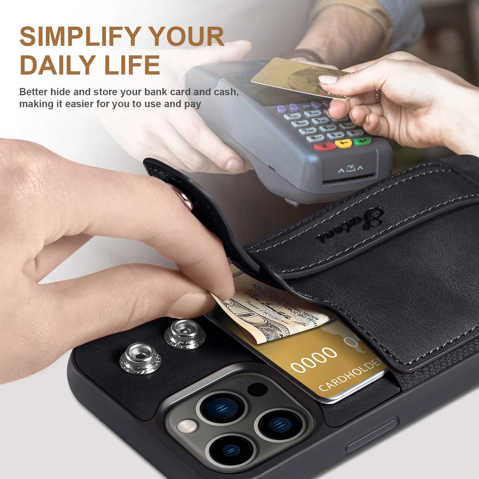 Luxury Leather Phone Case for iPhone 15 Pro Max 14 Plus 15Pro with Card Slot & Wrist Strap Holder Back Cover