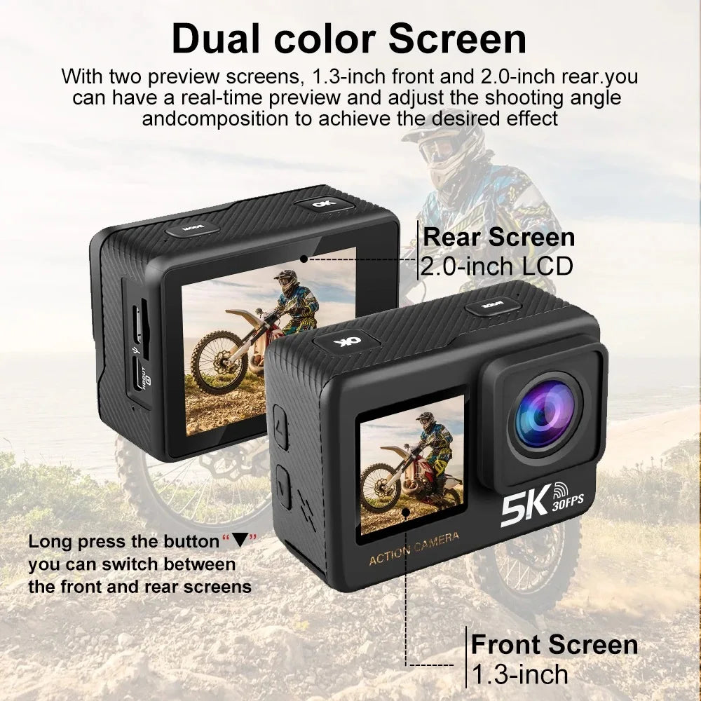 5K Ultra HD Action Camera with Dual Touch Screen WiFi EIS and 30M Waterproof Case