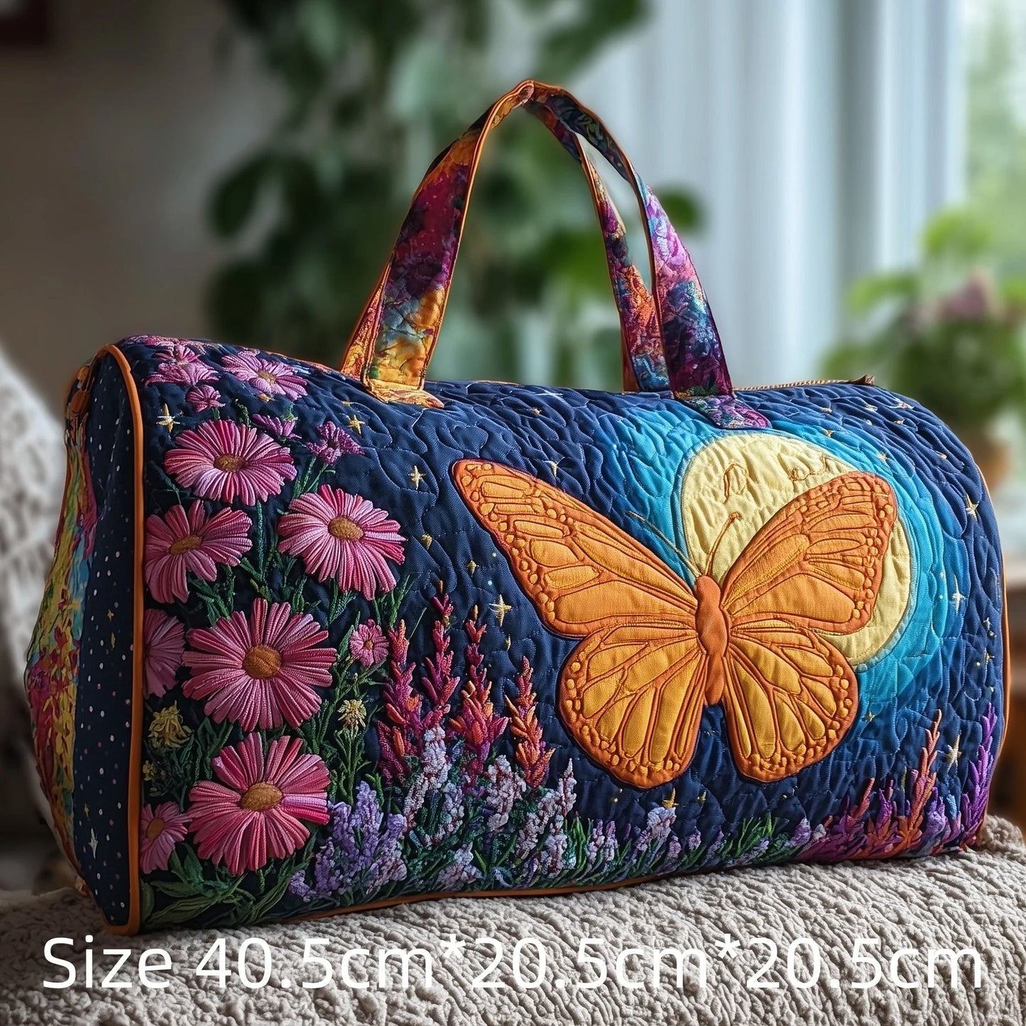 3D Quilted Duffel Bag Butterfly Print Colorful Roses Hydrangea Travel Weekender Large Capacity Gym Bag Women Vibrant Boho Style