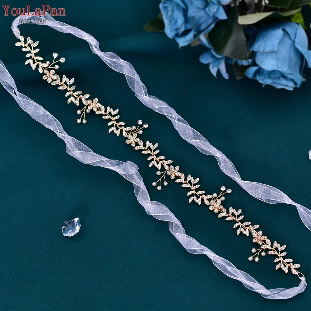 Wedding Belt Shiny Alloy Leaf Woman Dress Sash Flower Belts with Organza Bridal Evening Gown Bellt