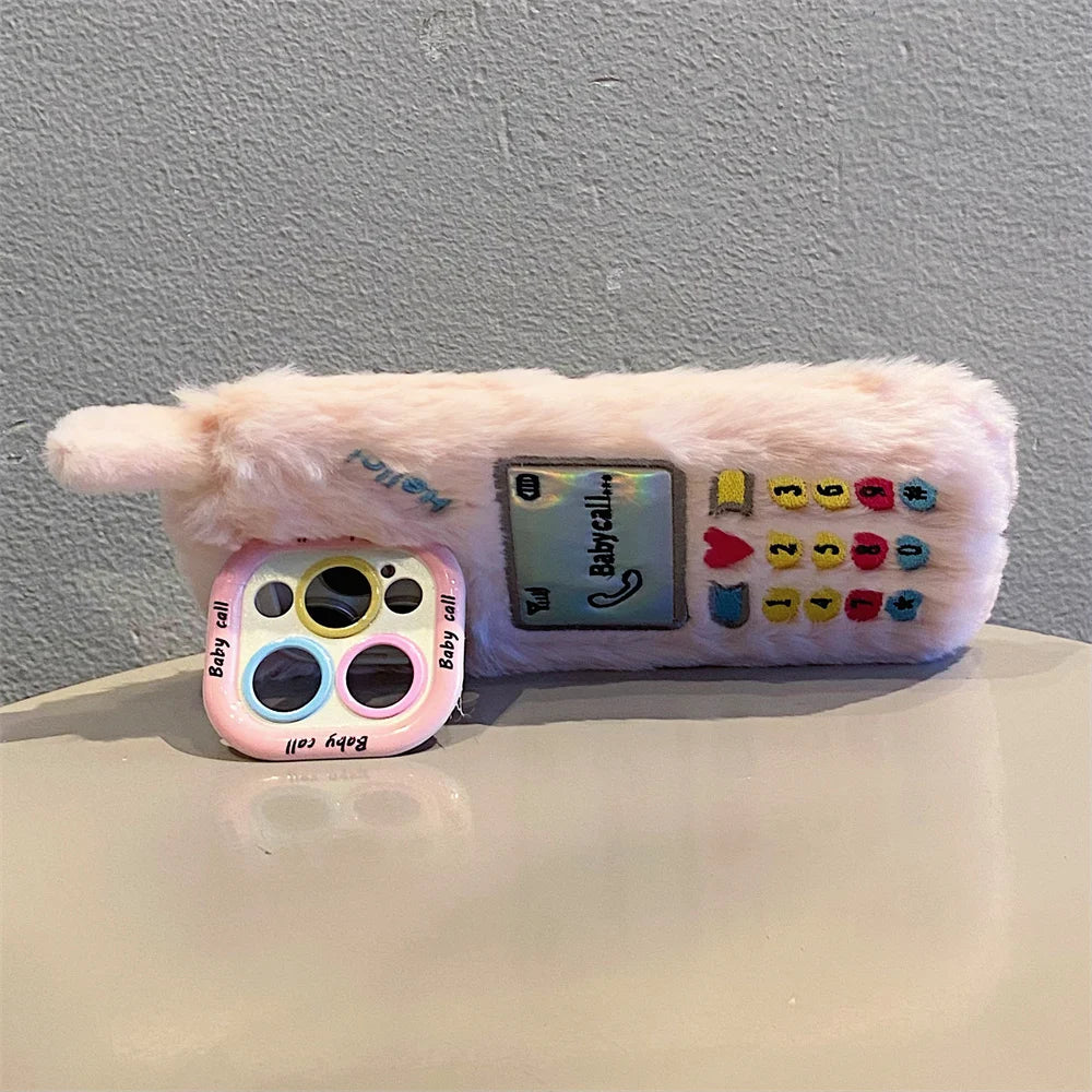 INS Y2K Furry Retro Call Heart Phone Case For iPhone 16 15 14 Pro Max  13 Plus Girl Camera Bracket Winter Silicone Cover
