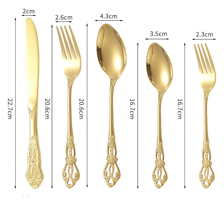 4pcs Gold Stainless Steel Cutlery Set Royal European Spoon Fork and Steak Knife Retro Hollow Design Dinnerware Luxury Tableware