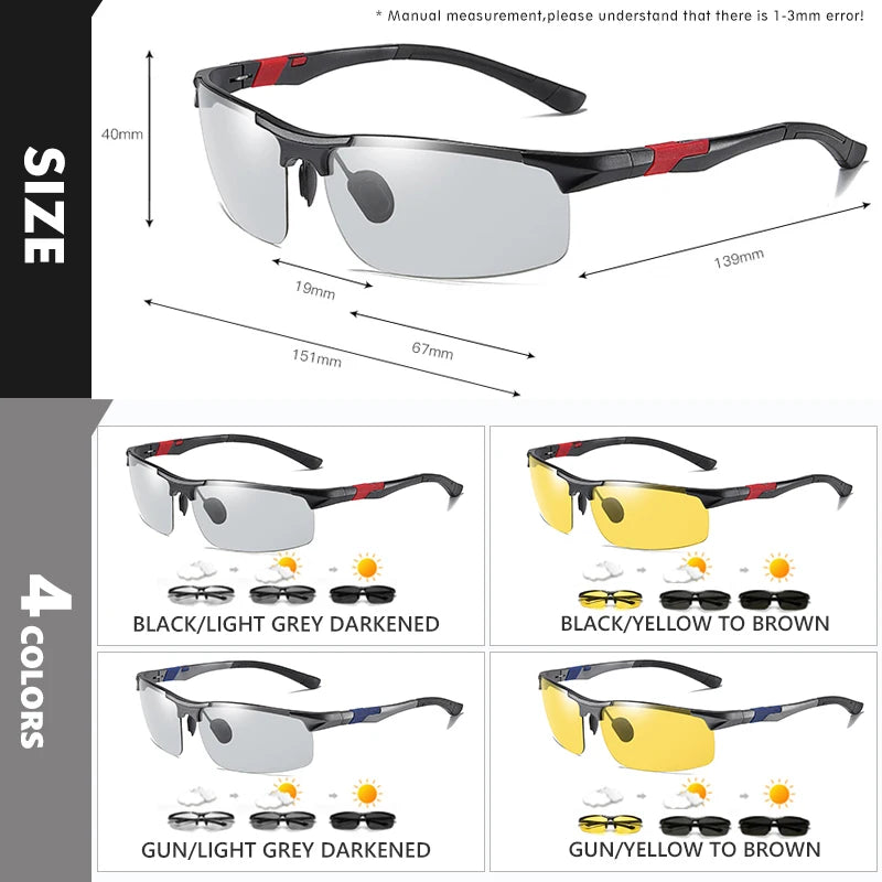 Aluminum Photochromic Polarized UV400 Day Night Driving Sunglasses for Men Women