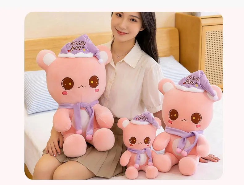Cute Bear Plush Toy With Sleep Hat And Scarf Soft Pillow