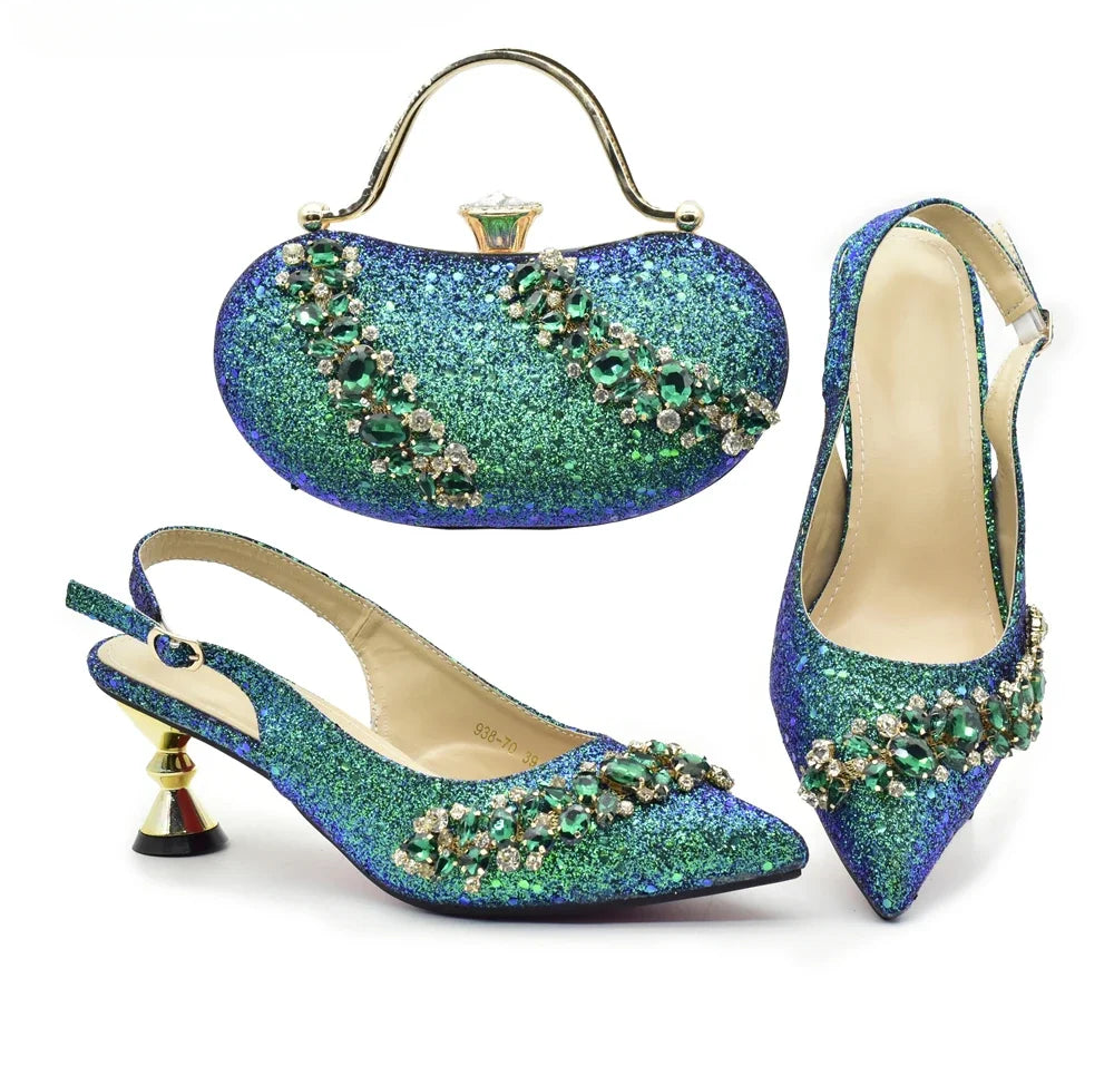 Nigeria Fashion Bag and Mid-Heel Pointed Shoes Girly Party Shoes and Bag Set Decorated with Rhinestone Wedding Shoes Bride