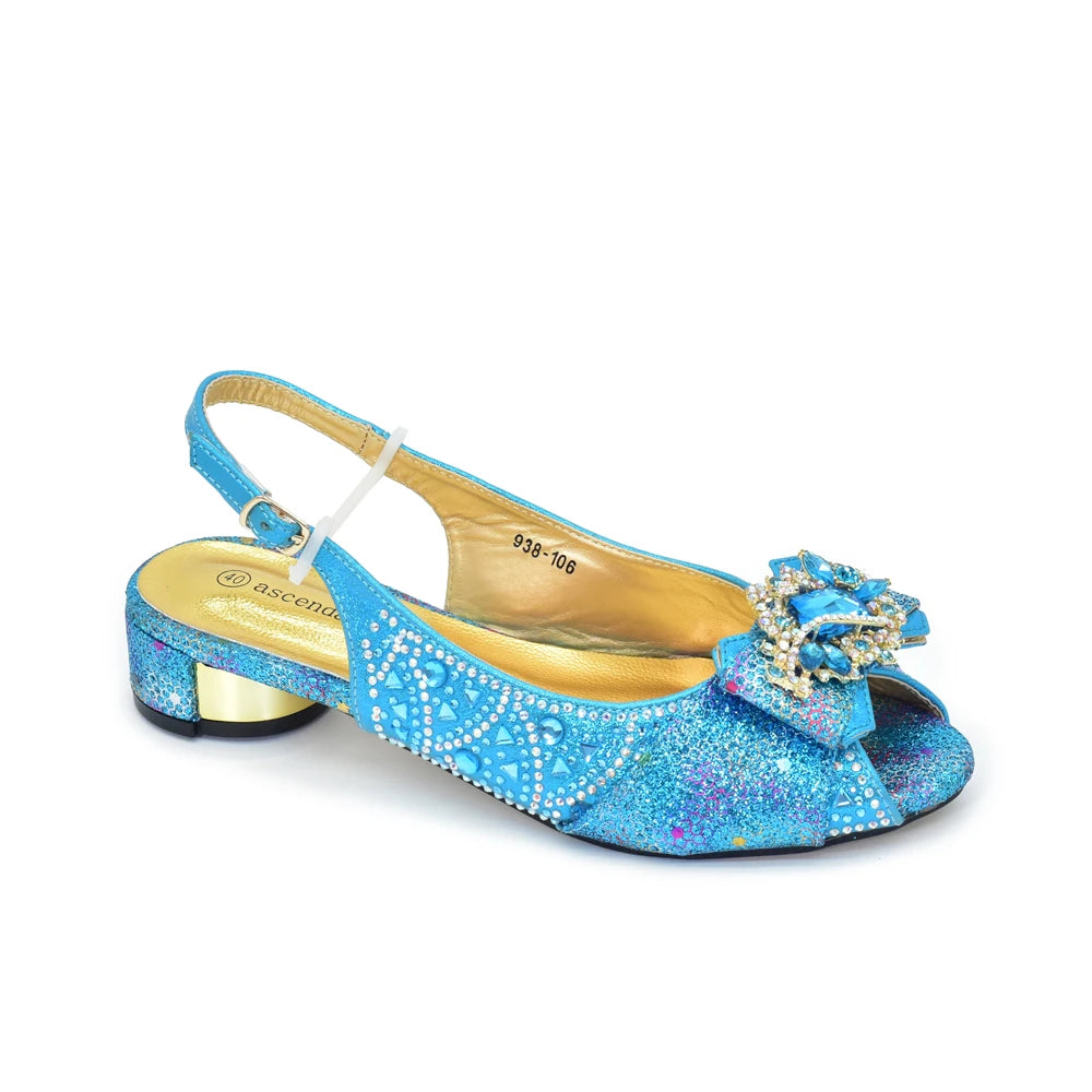 Women Low Heels Sandals Shinning Material with Rhinestone Italian Design Sky Blue Color Peep Toe Shoes and Bags Set