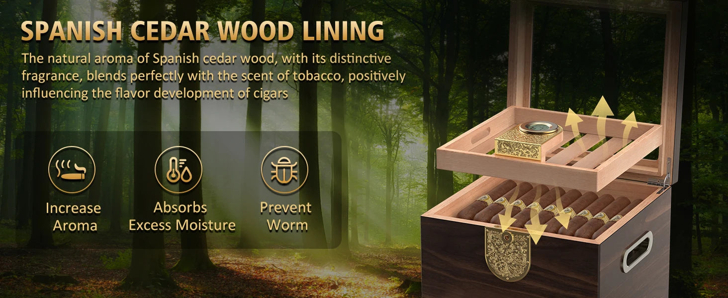 Cigar Humidor, Cedar Wood Cigar Box, Includes Leather Cigar Case, Cigar Tube, Digital Hygrometer and 2 Humidifiers, Gift Set