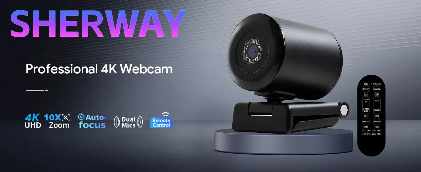 4K Webcam Pro Living Streaming USB Web Camera with Remote Dual Noise-Cancelling Mics AI Auto Focus 128° FOV HD Mini Video PC Cam