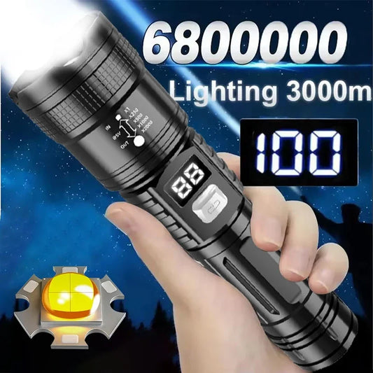 High Power LED Flashlight Rechargeable USB Zoom Torch with Power Display Emergency Camping Light
