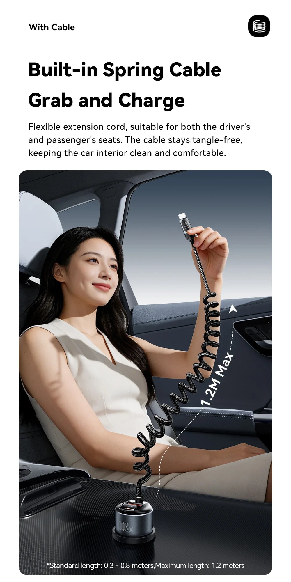 108W Car Charger PD Fast Charging 2 USB C + USB A with Digital Display Spring Cable