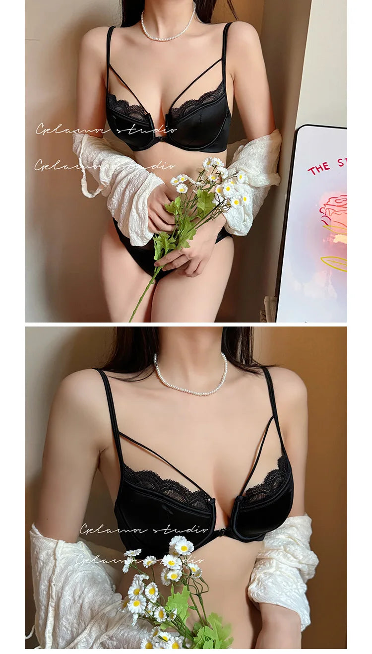 Womens French Lace Front Closure Push Up Bra and Brief Set