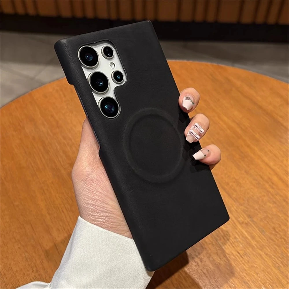 Luxury Leather  For MagSafe Wireless Charging Phone Case For Samsung S23 S24 S25 Ultra Lambskin Solid Color Hard Cover