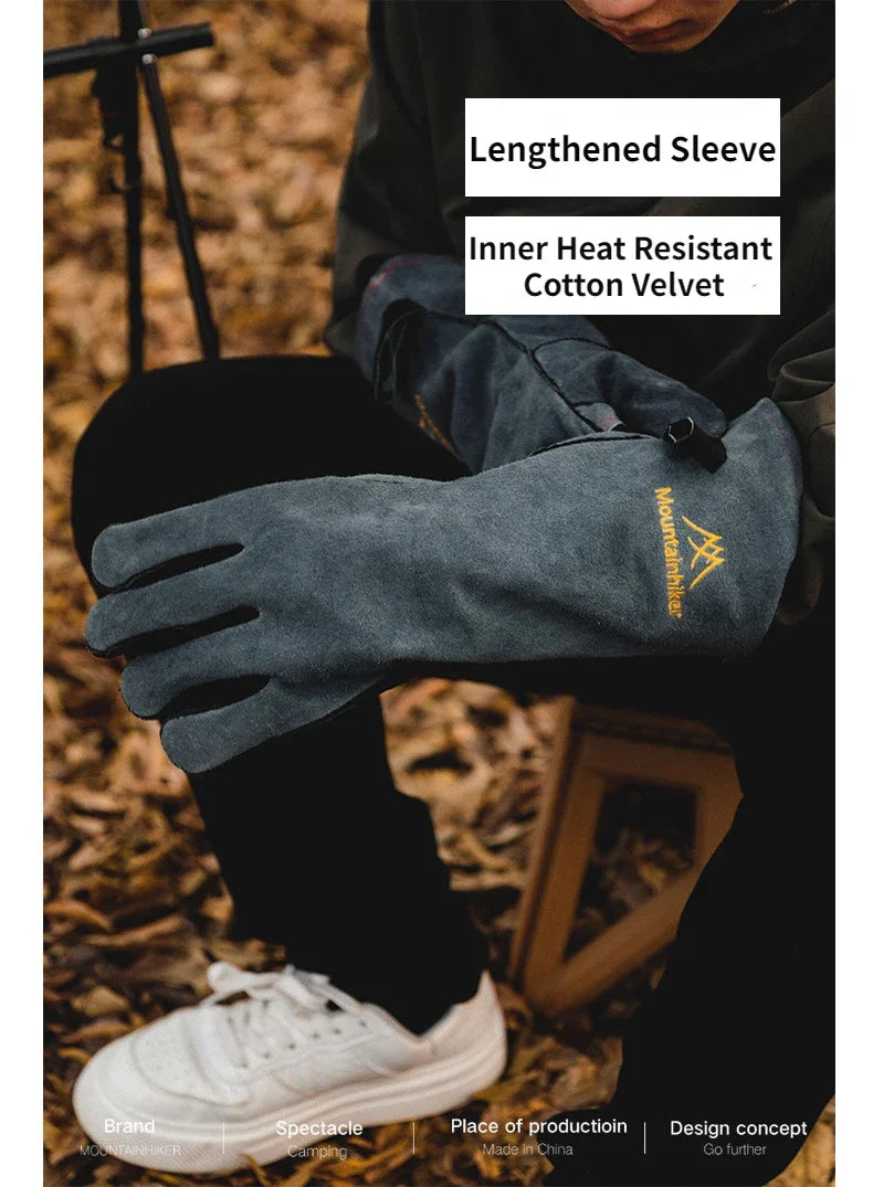 Outdoor Camping Cowhide Insulated Heat-Resistant Gloves High Temperature Resistant Kitchen Microwave BBQ Gloves