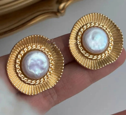 Retro Jewelry  Texture Metal Simulated Pearl Stud Earrings