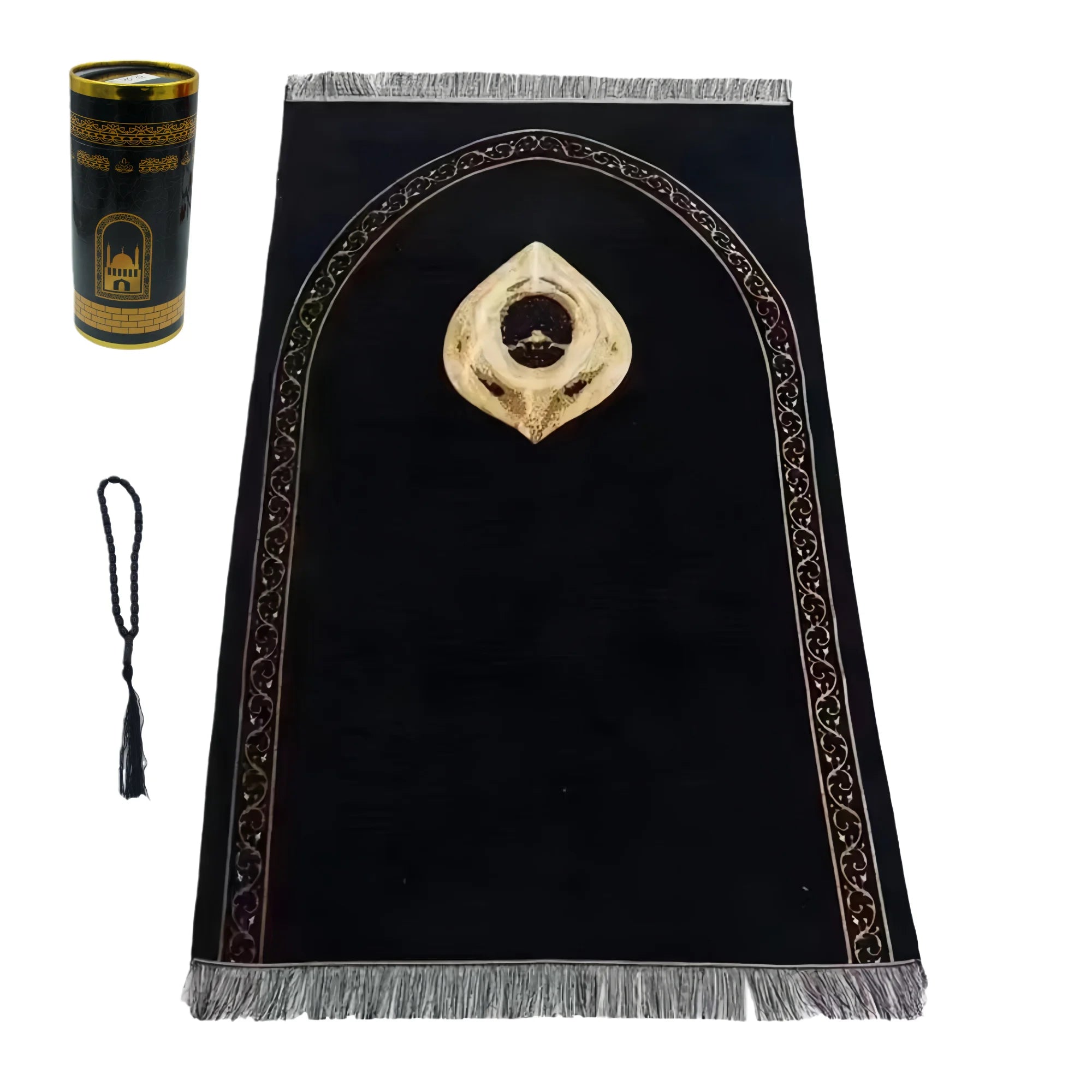 Lightweight Prayer Rug and Prayer Beads with Elegant Cylinder Gift Box Soft Sajadah Islamic Gifts Set Portable Prayers Mat Black