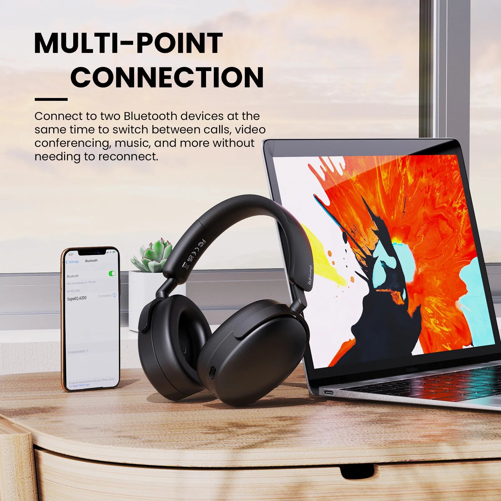 SuperEQ A200 ANC Wireless Bluetooth 5.4 Headphones Active Noise Canceling Over Ear Headset With ENC Mic Hi-Res Audio APP