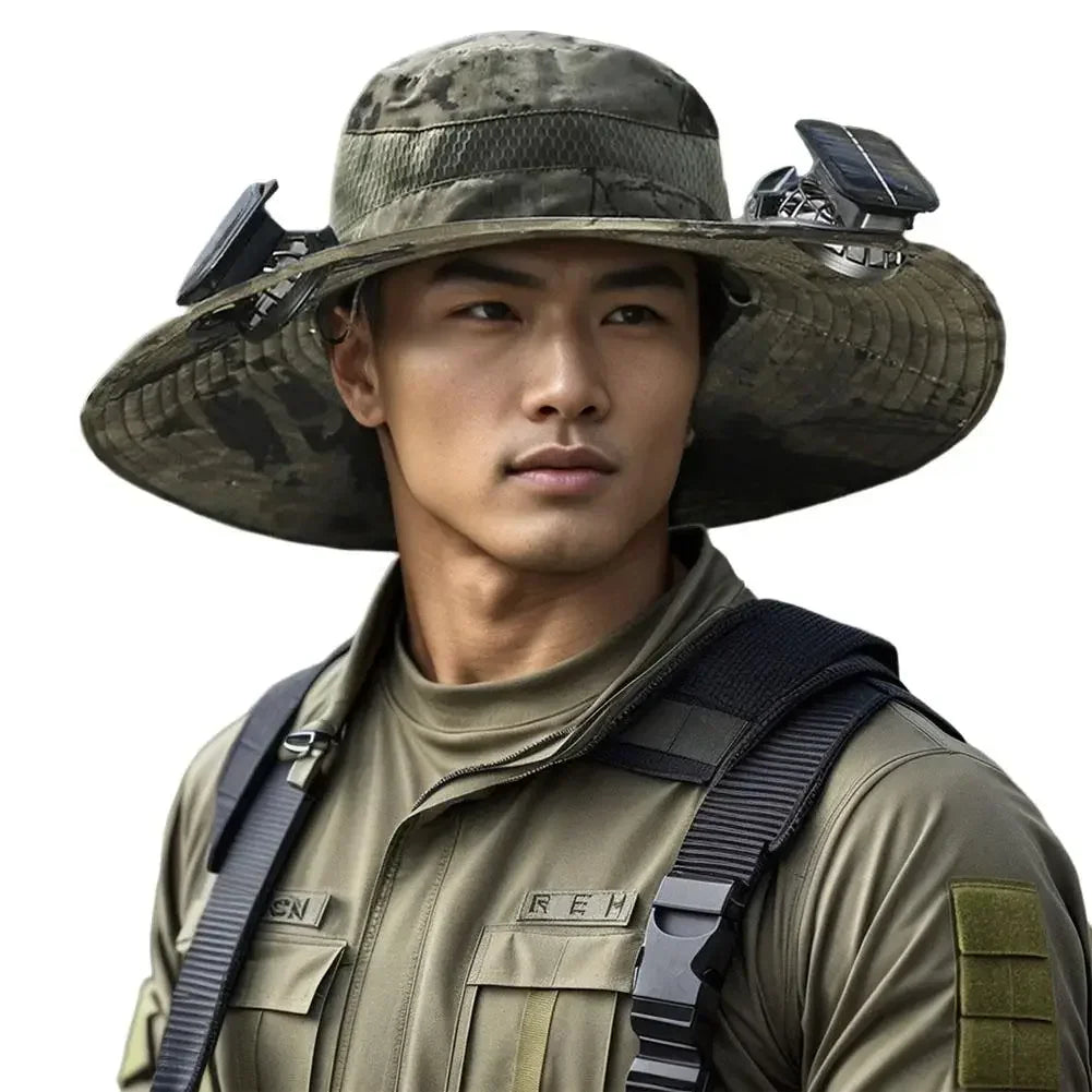Wide Brim Solar Fan Hat With Dual Fans