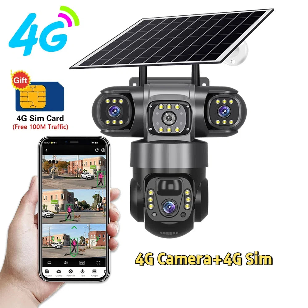 12MP 6K  Outdoor Solar 4G Camera Three Lens Three Screen PIR Motion Detection Cam Waterproof Night Vision Smart Security CCTV