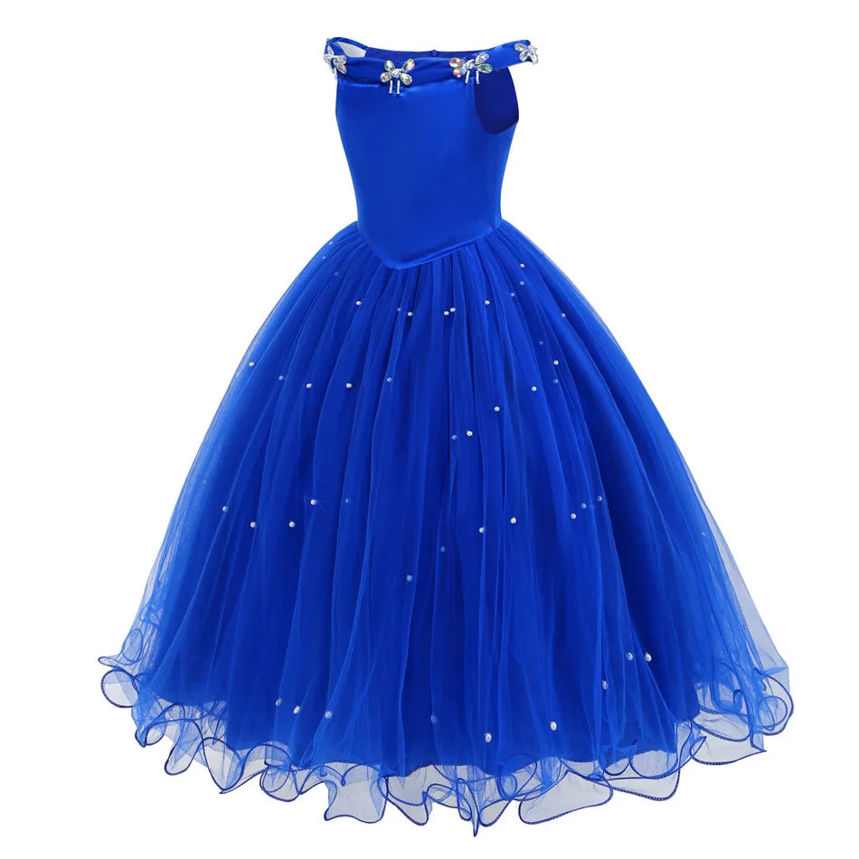 Christmas Halloween Blue Ball Gown - Girls Pearl-Embellished Tulle Dress with Lace Sleeves Princess Birthday Party Dress for Kid