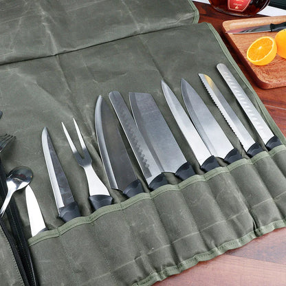 Portable Kitchen Chef Knife Bag With Tools Storage Pockets Waxed Canvas Cooking School Camping Knives Carry Case Roll Organizer