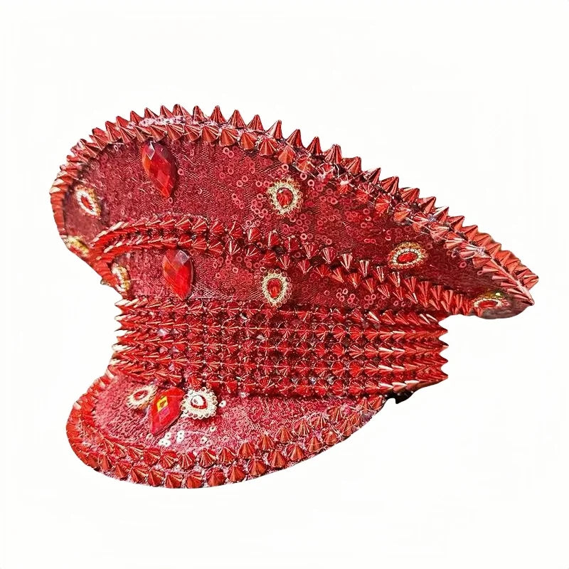 Red Rhinestone Luxury Festival Captain Hat Wedding Military Captain Hats Steampunk Caps Punk Rivets Sergeant Hat Masquerade