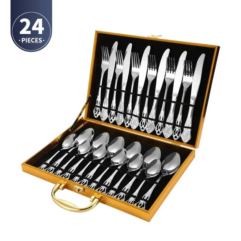 4pcs Gold Stainless Steel Cutlery Set Royal European Spoon Fork and Steak Knife Retro Hollow Design Dinnerware Luxury Tableware