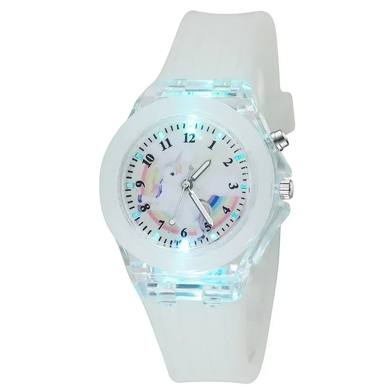 Cartoon Baby Unicorn Kids Watches Girls Toys Silicone Strap Flash Light Children Watch Clock Quartz Wristwatches