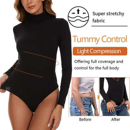 Women's Mock Turtle Long Sleeve Bodysuit Shapewear Tummy Control Body Shaper Lady Streetwear Bodysuits Autumn Winter