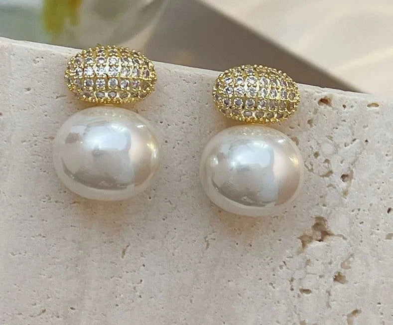 Elegant Oval Imitation Pearl Stud Earrings for Women Geometric Fashion Cubic Zirconia Earring