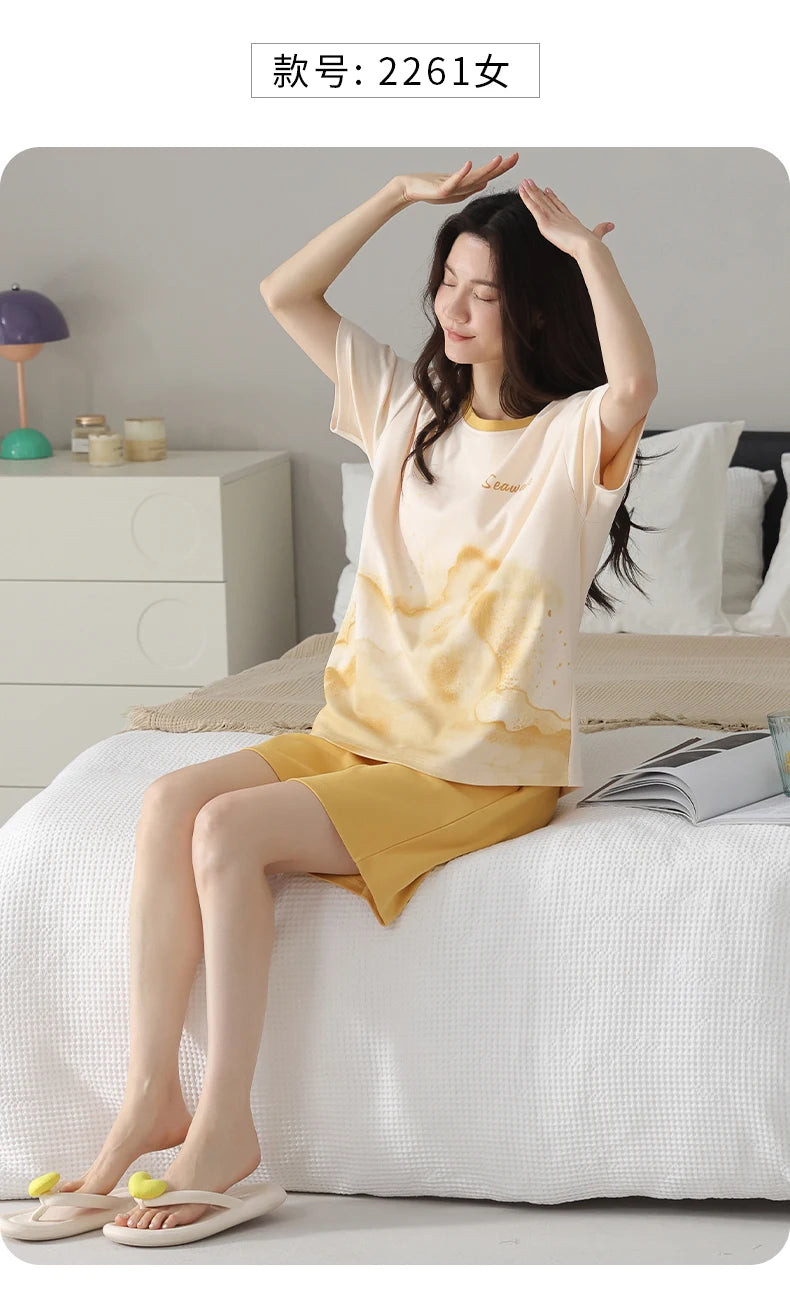 2-Pcs Women’s Cotton Pajama Set – Breathable Short Sleeve Summer Sleepwear with Cute Prints
