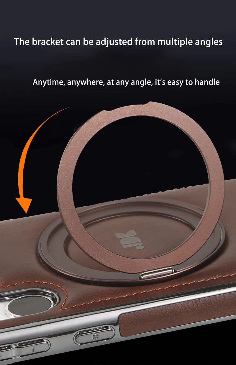For Magsafe  360°Rotating Metal Car Bracket Ring Solid Color Leather Phone Case For Samsung S24 Ultra S22 S23 Ultra Plus
