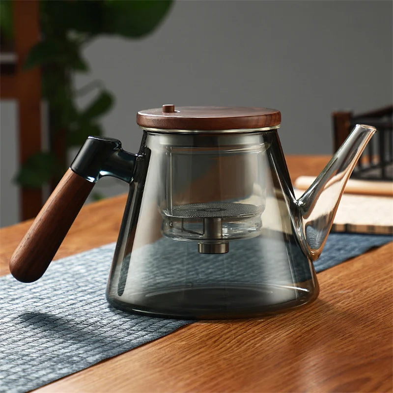 Easy One Click Tea Separation Filtration Glass Teapots With Wood Handle 850ml Tea Water Separation Tea Pot With Infuser Filter