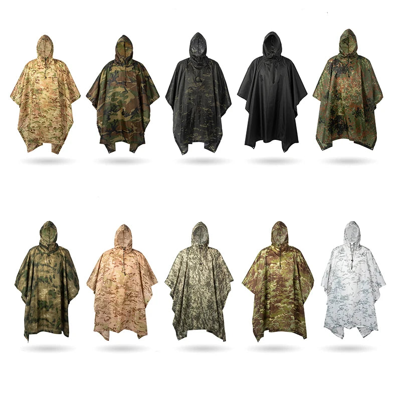 Waterproof Military Style Rain Poncho with Hood for Hiking and Camping