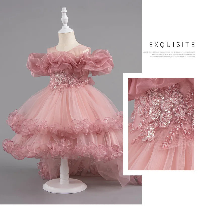 Luxury Off-Shoulder Girls' Dress - Convertible Tulle Ball Gown for Birthday Parties & On-Stage Events