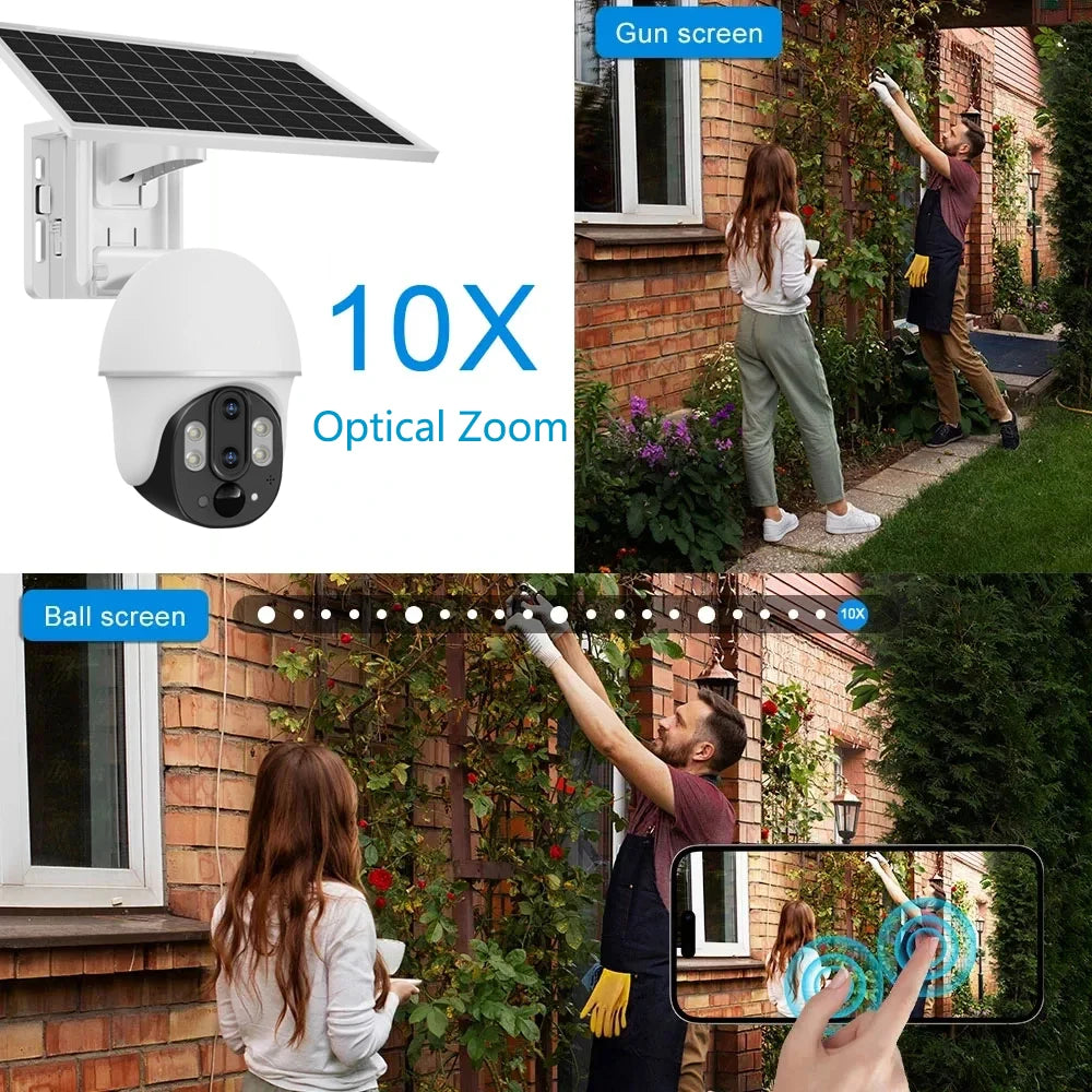 Outdoor Solar 4G Camera 10X Optical Zoom Night Vision Battery CCTV Monitor PIR Human Detection Waterproof Security Video Camera