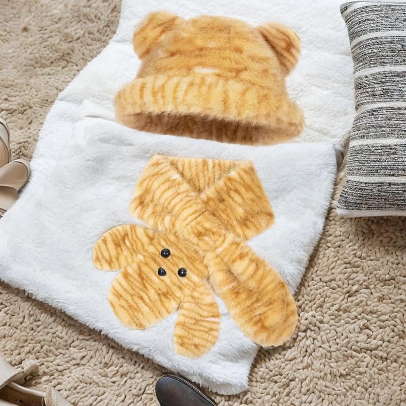 Tiger Printed Hat with Plush Scarf Cap Bear Ears Hat for Cold Weather Travel
