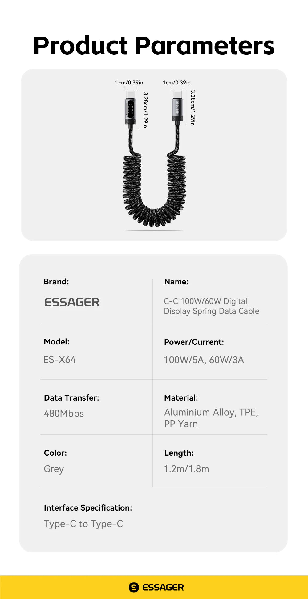 100W Retractable Spring USB-C to USB-C Fast Charging Cable