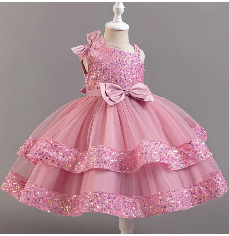 New Girls Sequin Tulle Cake Dress - Sparkling Layered Princess Gown for Baby‘s 1st Birthday & Banquet