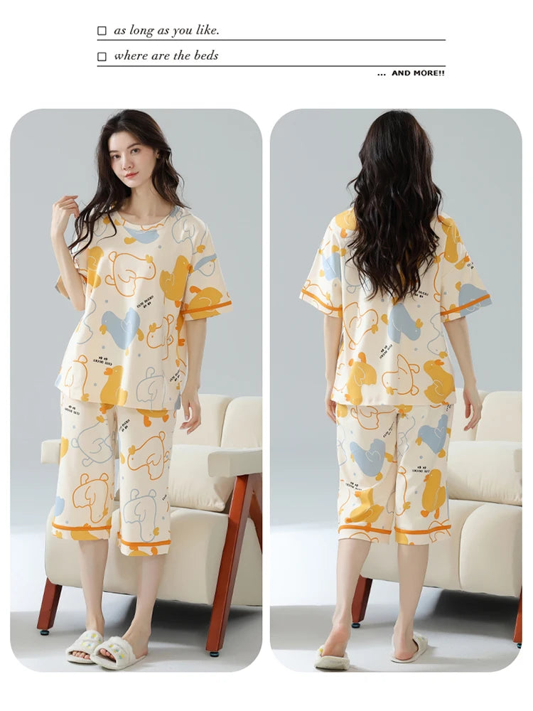 2-Pcs Women’s Summer Cotton Pajama Set – Short Sleeve Top & Calf-Length Pants with Cute Prints