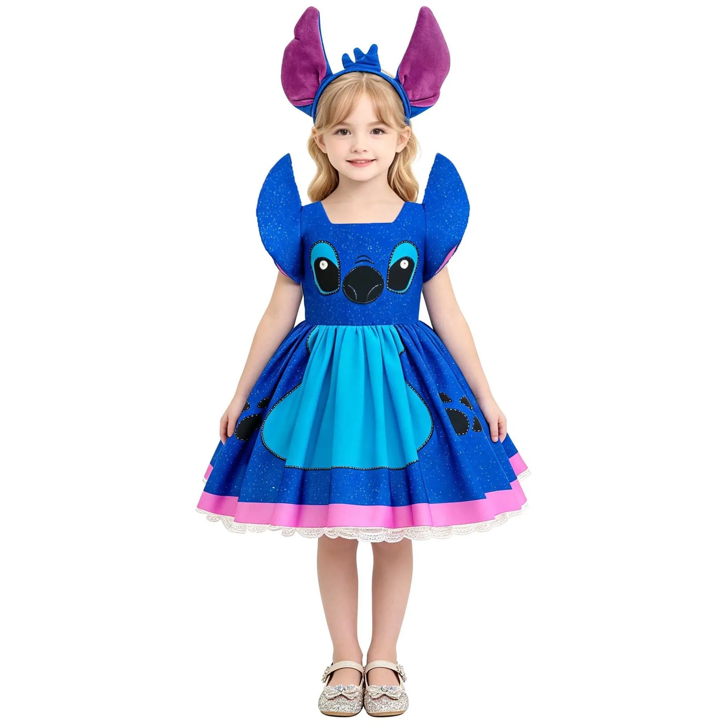 Blue Princess Dress with Cartoon Ear Decor and Glitter Skirt