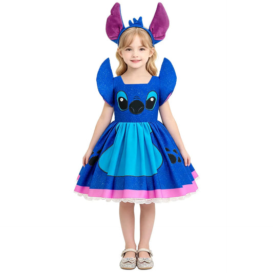 Blue Princess Dress with Cartoon Ear Decor and Glitter Skirt