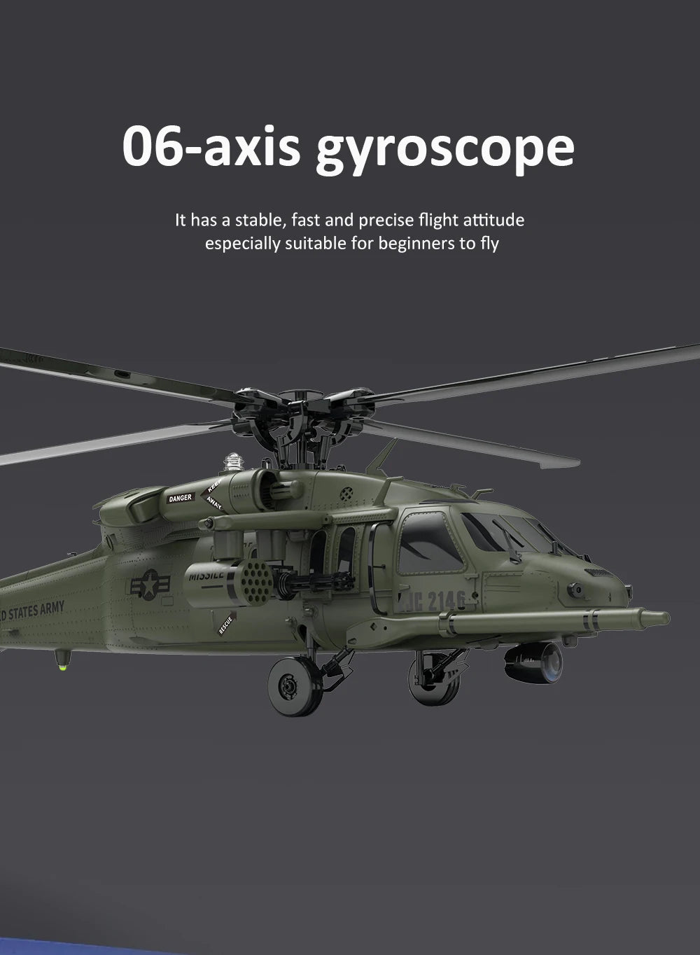 Six Channel Flybarless Remote Control Military Helicopter With Six Axis Gyroscope