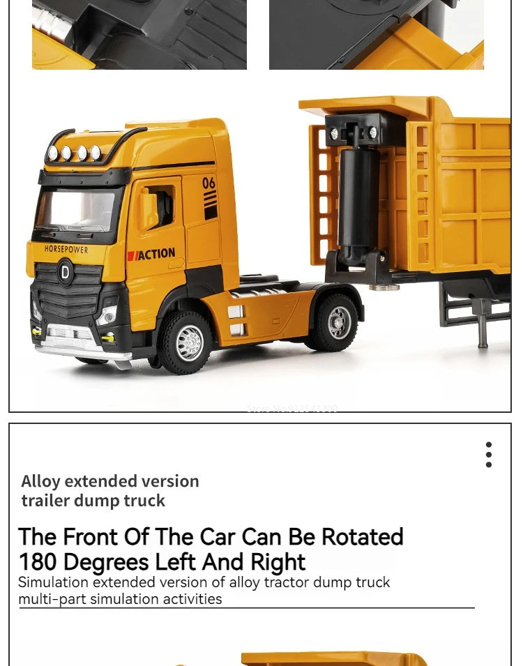 1/50 Extended Dump Truck Model Toy Metal Diecasting Doors Opened Sound Light Pull Back Vehicle Models Ornaments 's Gifts