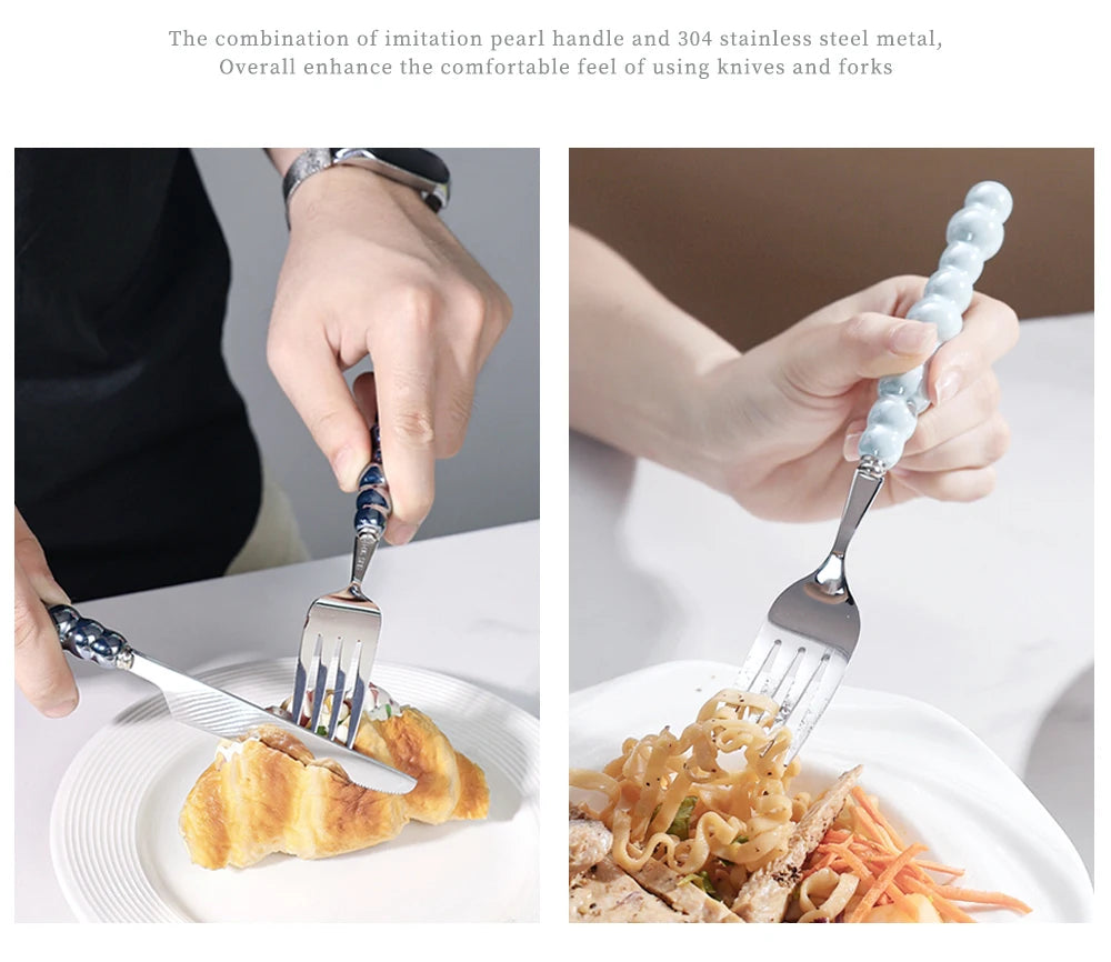 4Pcs Luxury Dinnerware Set Ceramic Pearl Handle Stainless Steel Spoon and Fork Set Western Silver Cutlery High-looking Tableware