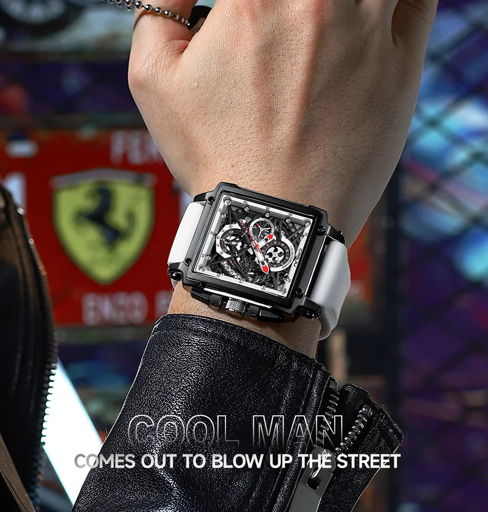 Men's Sports Chronograph Wrist Watch For Men Army Silicone strap Square Quartz Stop Watch Clock Man Relogios Masculino